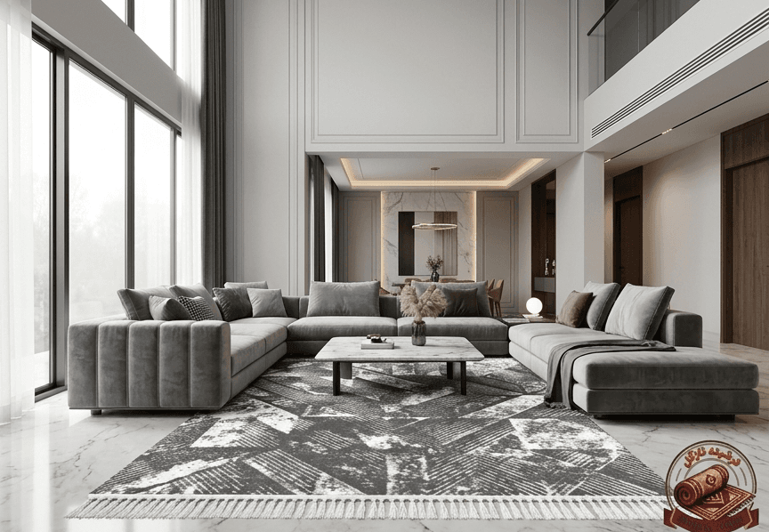 فرشینه مخمل طرح طوسی هندسی رنگ طوسی ذغالی کد M264 — تصویر ۲