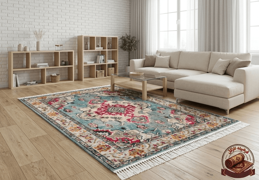 فرشینه مخمل ترک طرح سنتی مدالیون رنگ فیروزه‌ای کد M137
