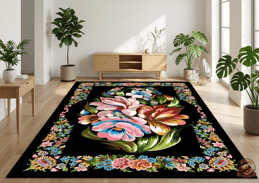 فرشینه مخمل طرح ابریشم نقشه گل و مرغ اشرافی با زمینه مشکی ذغالی کد A017
