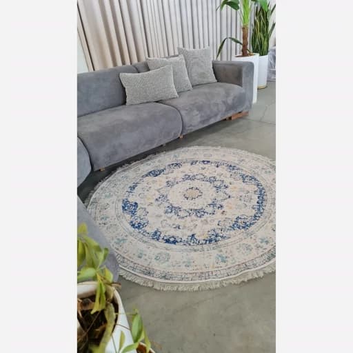 فرشینه گرد مخمل ترک زمینه سفید و آبی کد D148 — تصویر ۶