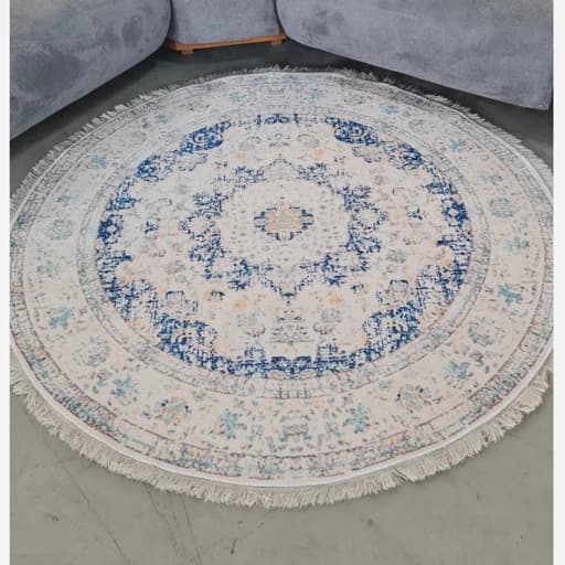 فرشینه گرد مخمل ترک زمینه سفید و آبی کد D148