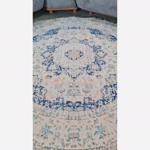 فرشینه گرد مخمل ترک زمینه سفید و آبی کد D148 — تصویر ۳
