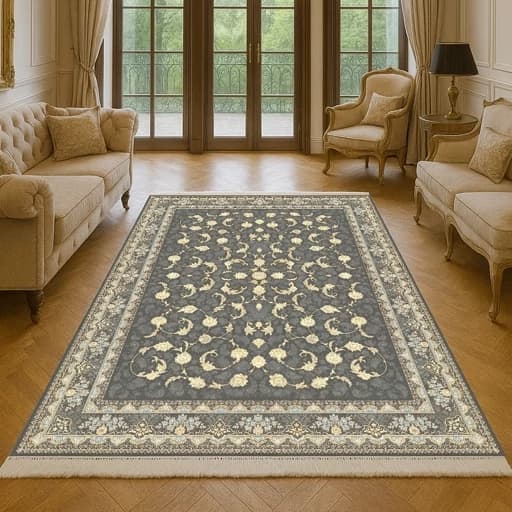 فرشینه مخمل طرح فرش افشان طوسی طلایی U55