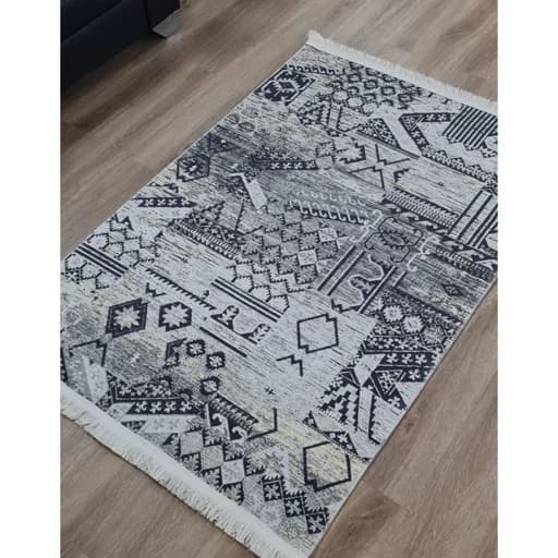 فرشینه مخمل ترک لوکس | طرح انتزاعی هندسی مدرن طوسی مشکی با رگه‌های طلایی | زیره ضدلغزش و ضد حساسیت کد U173 — تصویر ۲