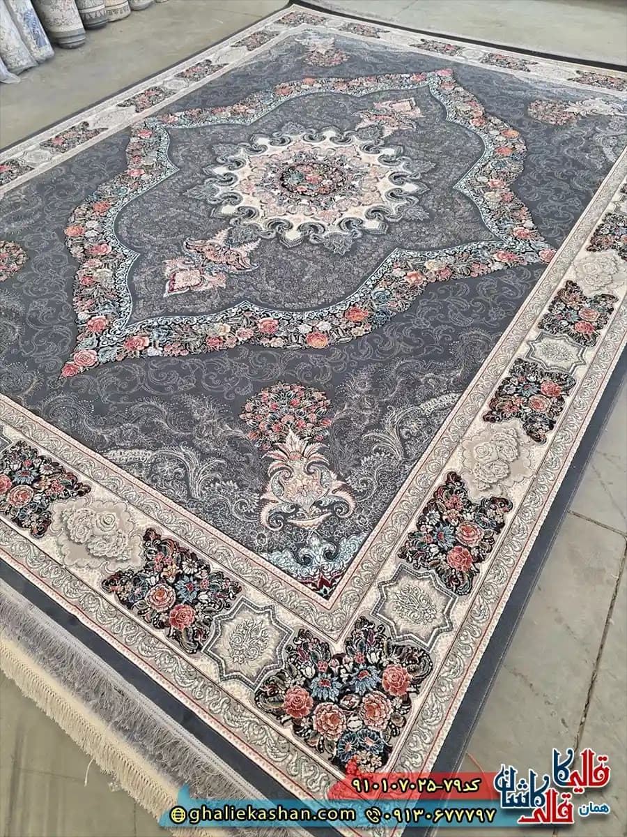 فرش کلاسیک 700 شانه طرح کارینا رنگ طوسی دودی 2 کاشان — تصویر ۲