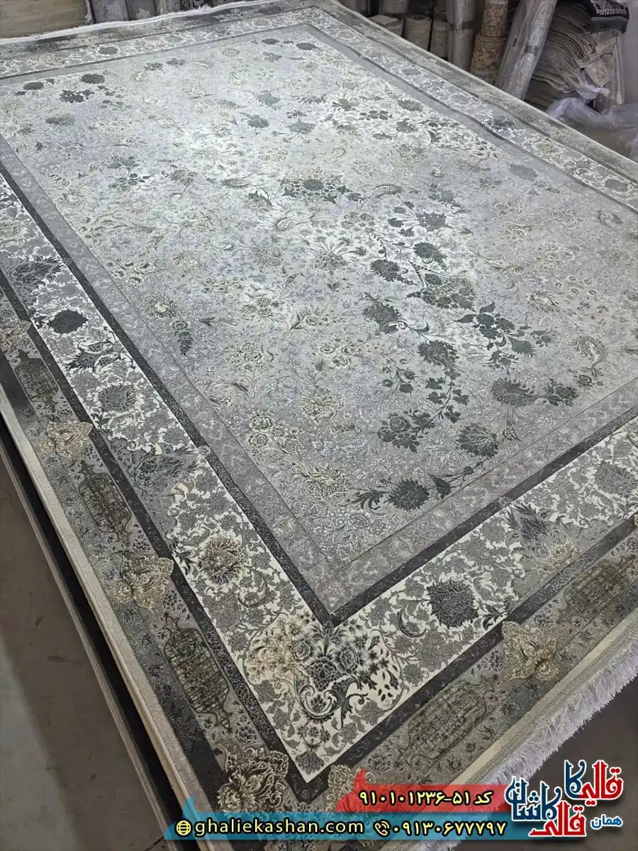 فرش وینتیج 1200 شانه طرح افشان گلبهار رنگ طوسی سبز کاشان — تصویر ۳