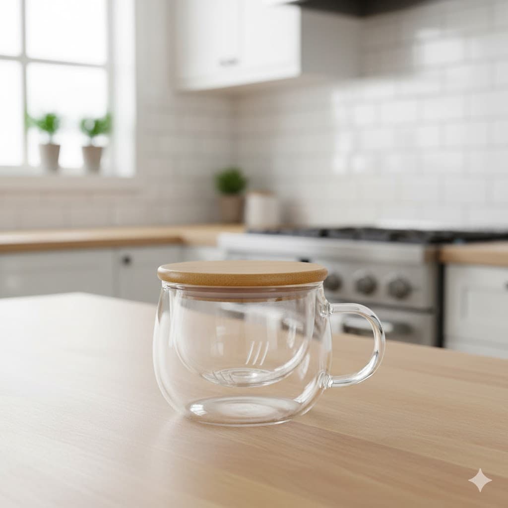 لیوان دمنوش فیلتر پیرکس درب چوبی