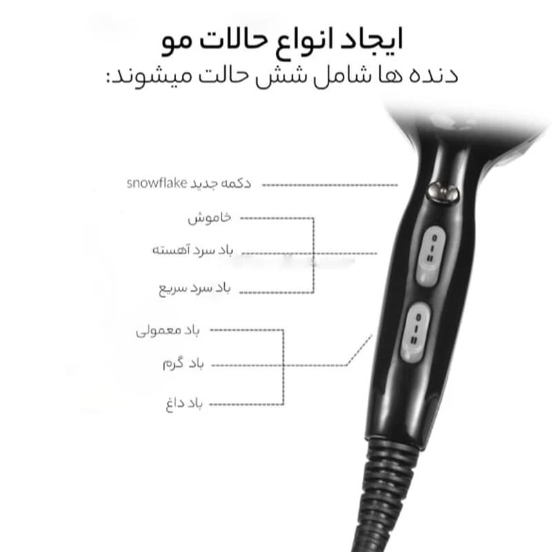 سشوار حرفه ای VGR V-413 | موتور AC و توان 2200 وات با باد سرد و متمرکزکننده — تصویر ۴