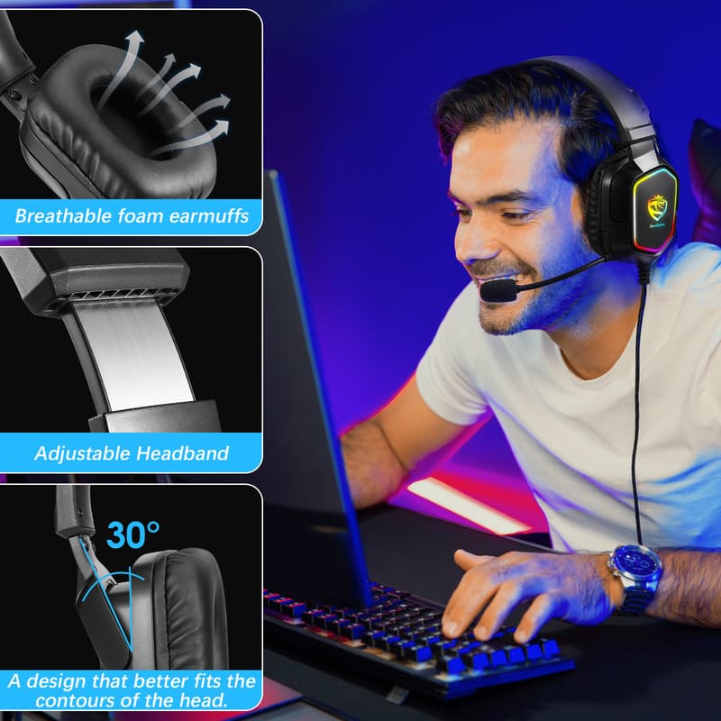 هدست گیمینگ روگوشی مدل S21-RGB با اتصال سیمی، میکروفون مجهز به نویز کنسلینگ ENC، نورپردازی RGB، کلید تنظیم صدا و میوت، جک 3.5 میلی‌متری و USB — تصویر ۹