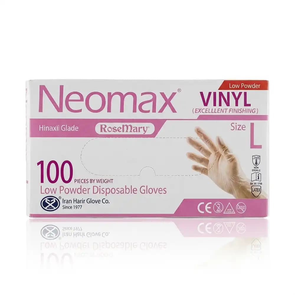 دستکش وینیل نیومکس (Neomax) سایز L بسته ۱۰۰ عددی (بدون لاتکس)