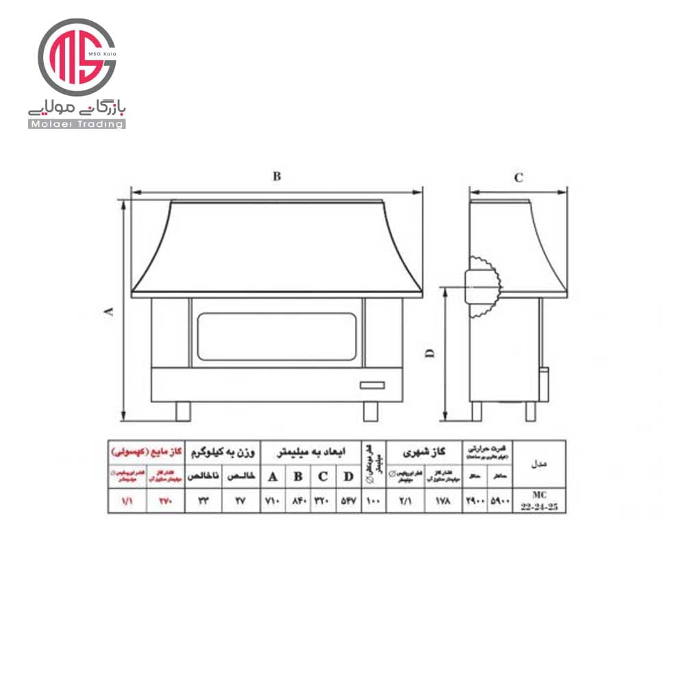 بخاری گازی نیک کالا طرح شومینه مدل سیمین MC26 — تصویر ۲