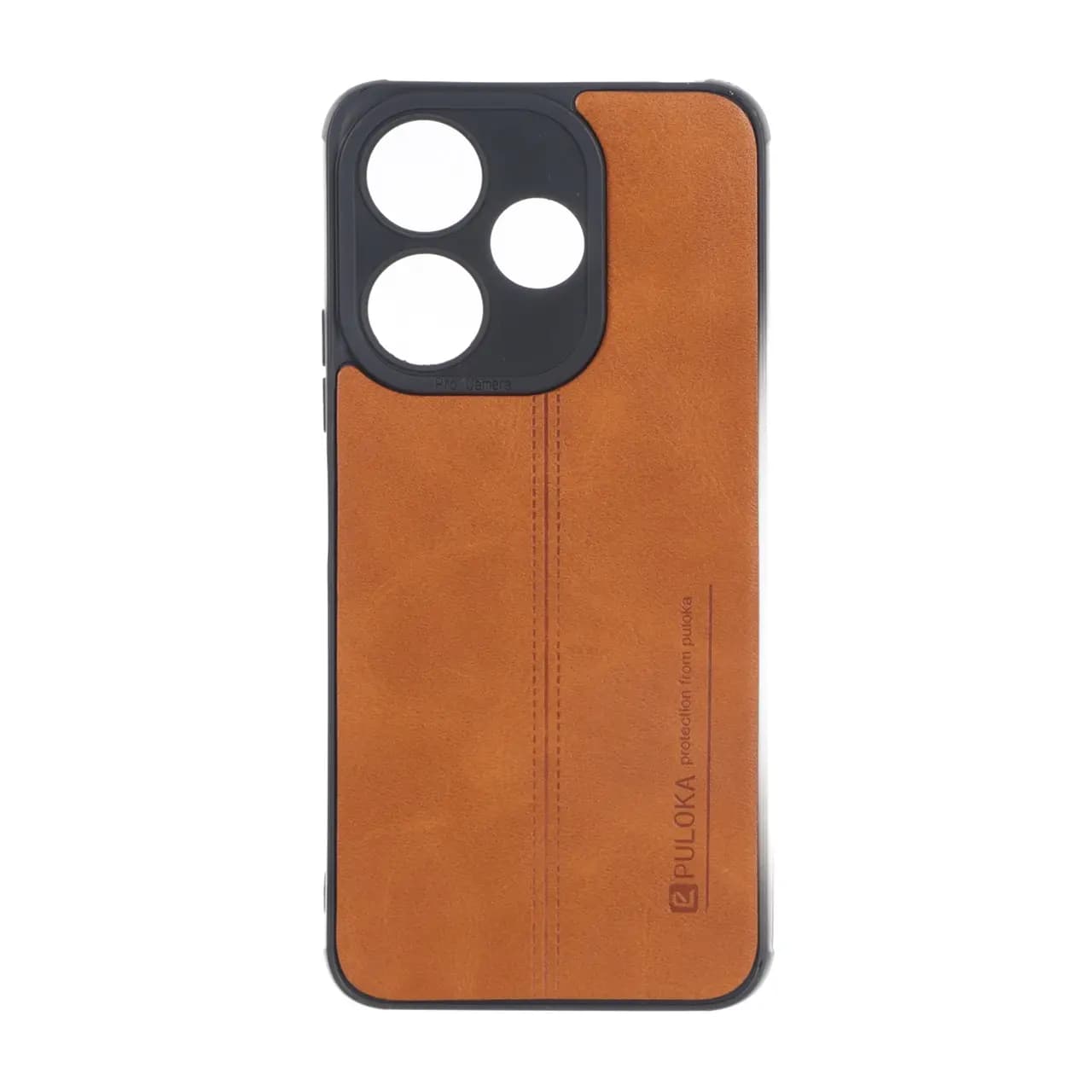 قاب Puloka طرح چرم دوخت دار محافظ لنزدار Xiaomi Redmi 13X / Redmi 13 4G / Poco M6 4G – قهوه ای