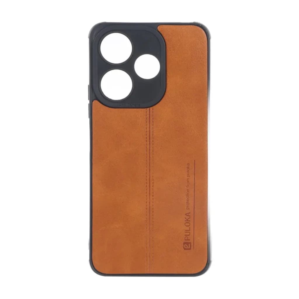 قاب Puloka طرح چرم دوخت دار محافظ لنزدار Xiaomi Redmi 13X / Redmi 13 4G / Poco M6 4G – قهوه ای — تصویر ۲