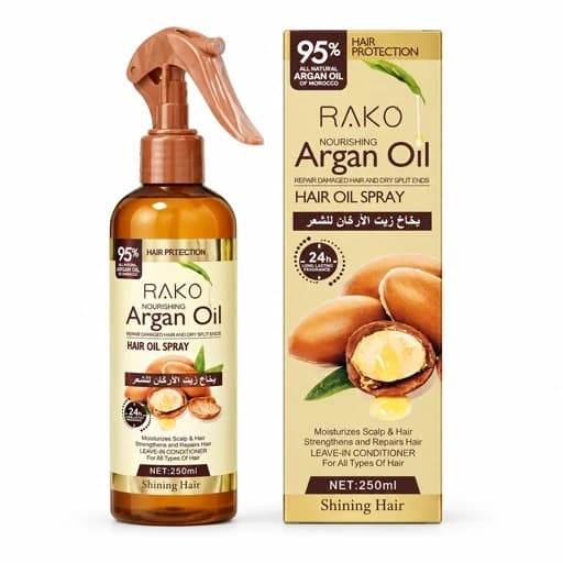 اسپری روغن آرگان راکو RAKO مدل Nourishing حجم 250 میل احیا موهای آسیب دیده و رنگ شده و خشک