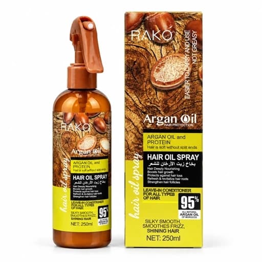 اسپری مو روغن آرگان و پروتئین راکو RAKO حجم 250 میل ترمیم ساقه مو و جلوگیری گیری از ریزش