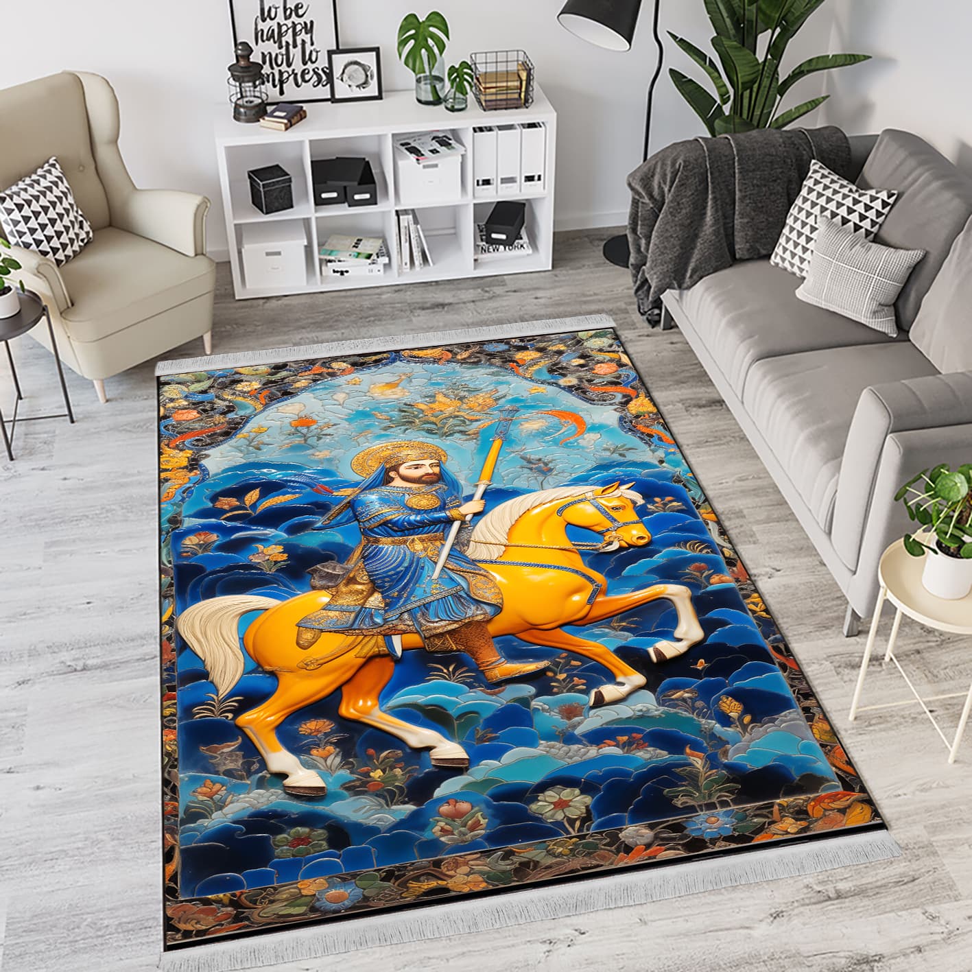 فرش سنتی طرح محراب مرد سوارکار با اسب طلایی PQs-1102a