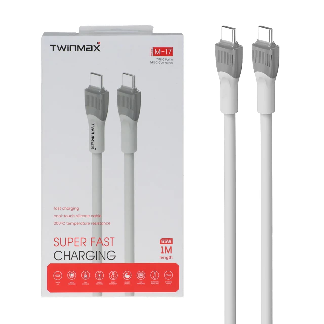 کابل شارژ فست TwinMax Type-C to Type-C مدل M-17 65W – طوسی