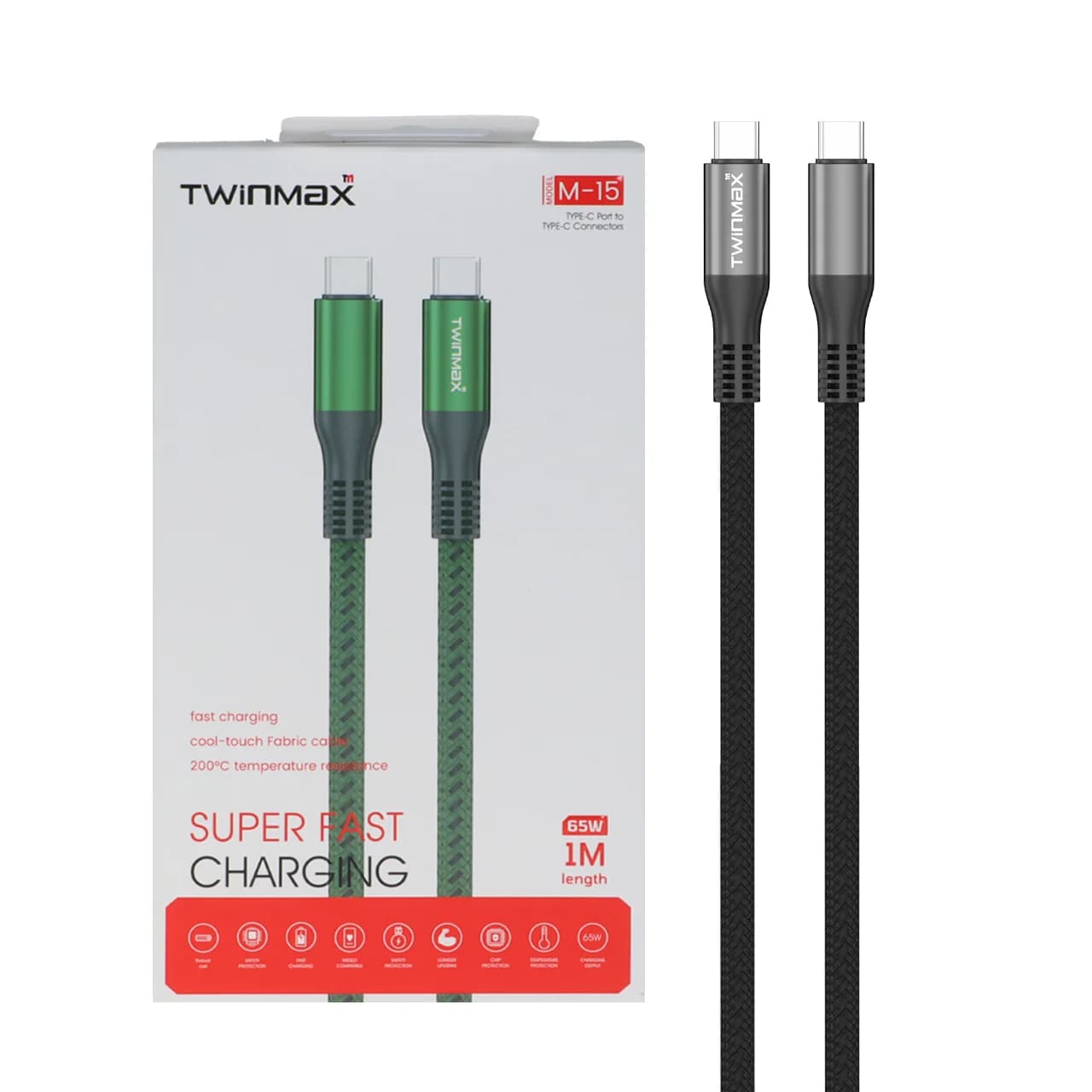 کابل شارژ فست TwinMax Type-C To Type-C مدل M-15 65W – خاکستری