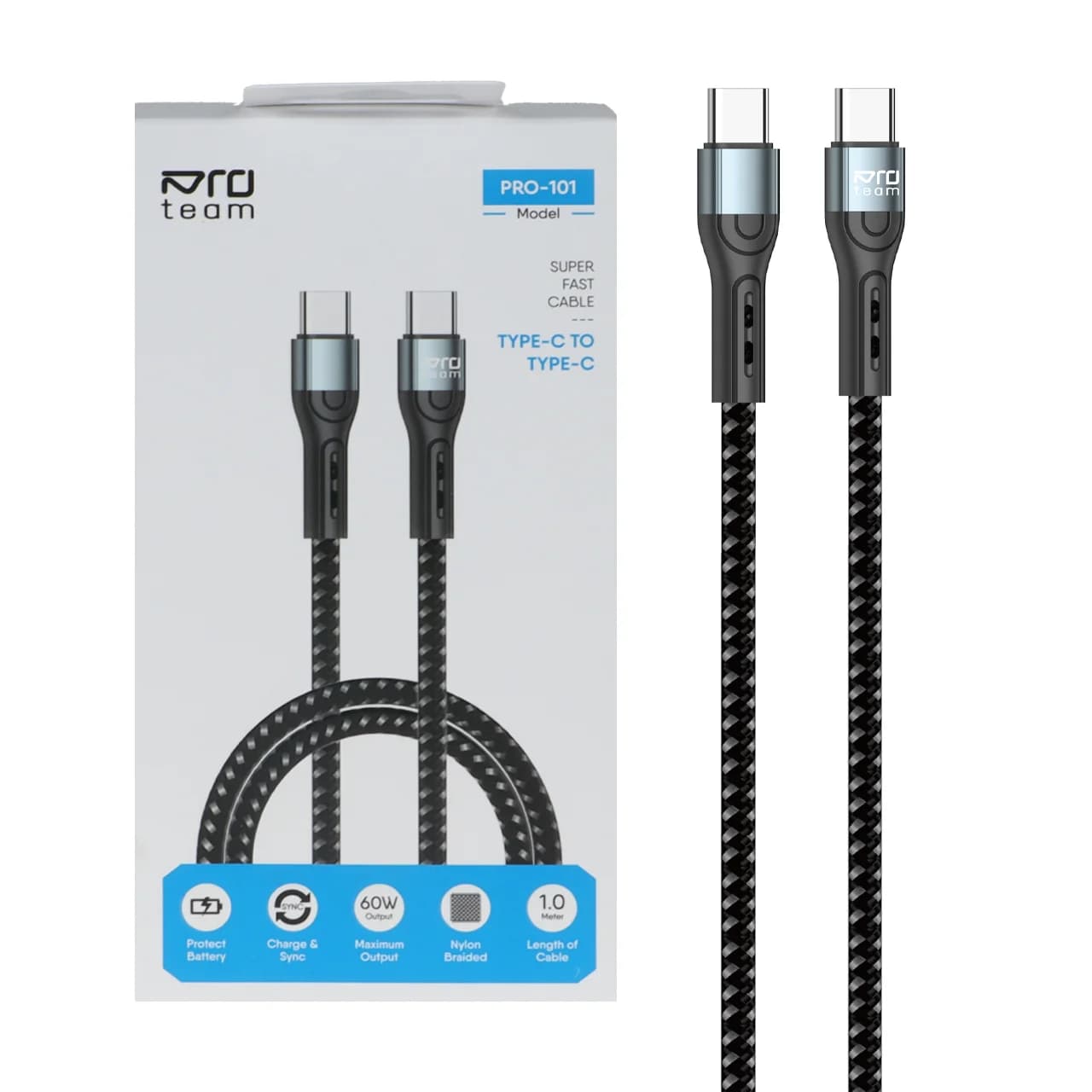 کابل شارژ فست ProTeam Type-C To Type-C مدل Pro-101 60W – مشکی