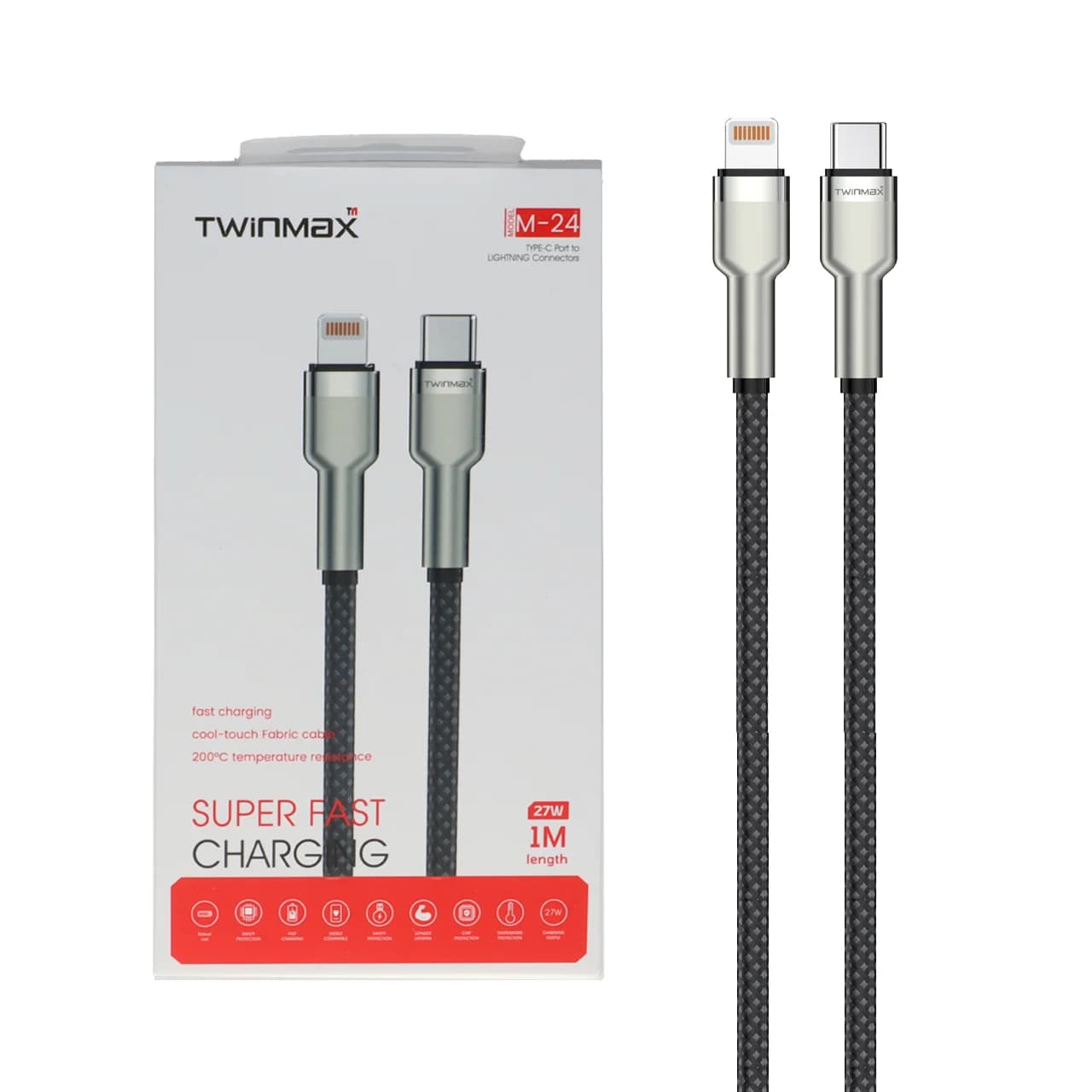کابل شارژ فست TwinMax Type-C to Lightning مدل M-24 27W – مشکی نقره ای