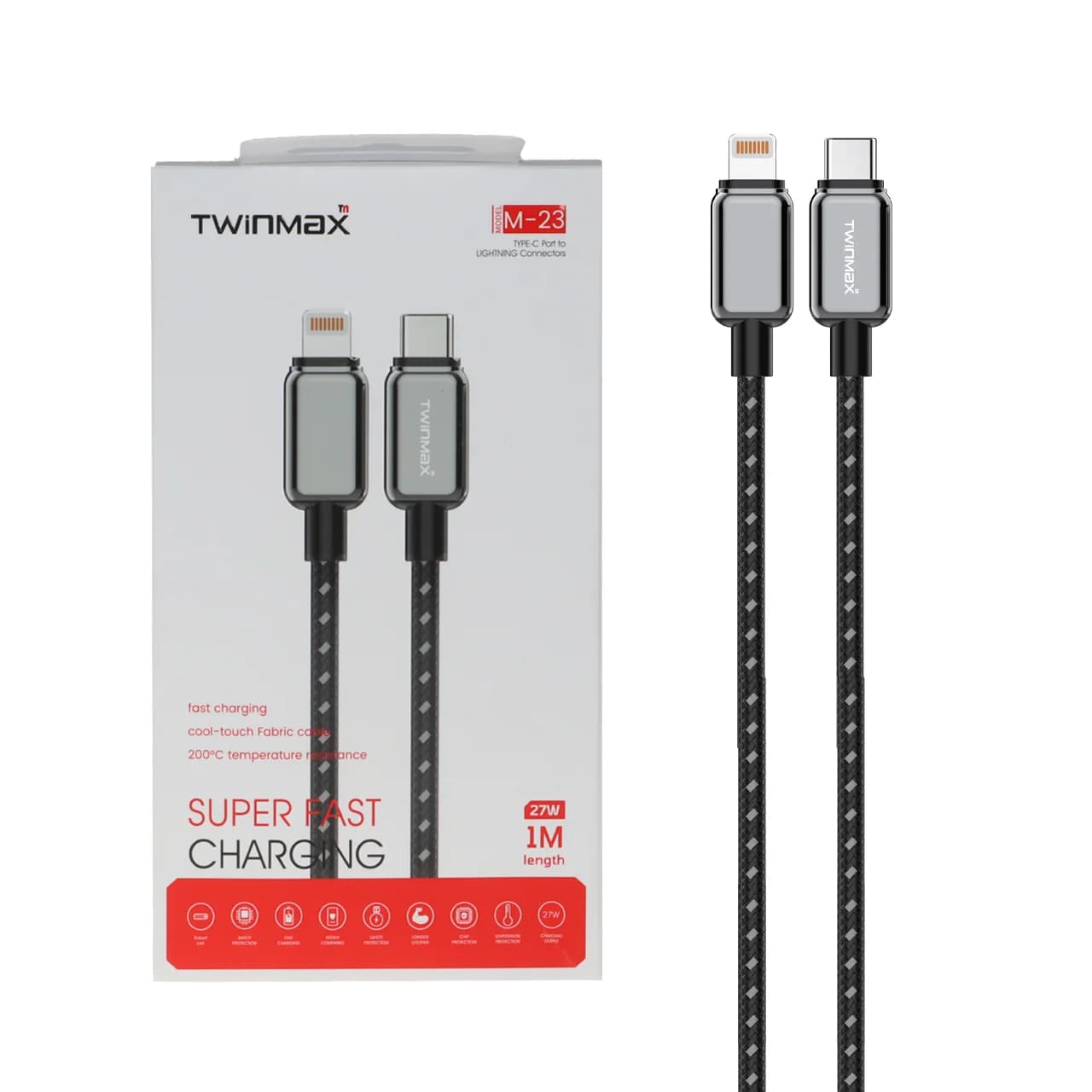 کابل شارژ فست TwinMax Type-C to Lightning مدل M-23 27W – مشکی
