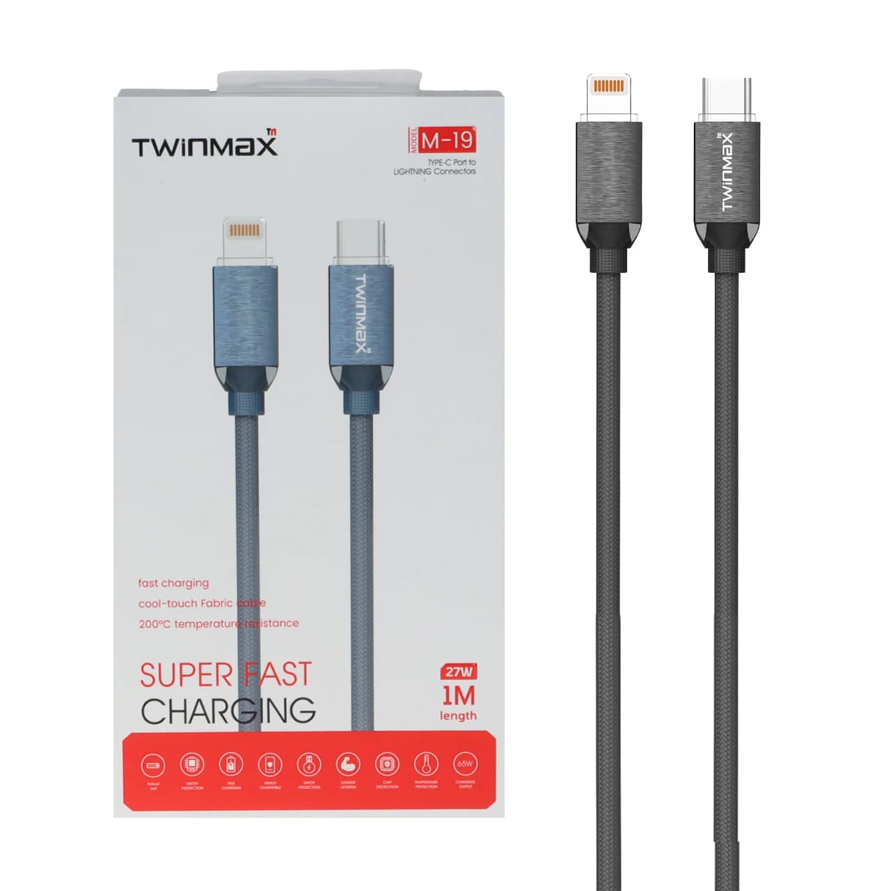 کابل شارژ فست TwinMax Type-C to Lightning مدل M-19 27W – خاکستری – MMX