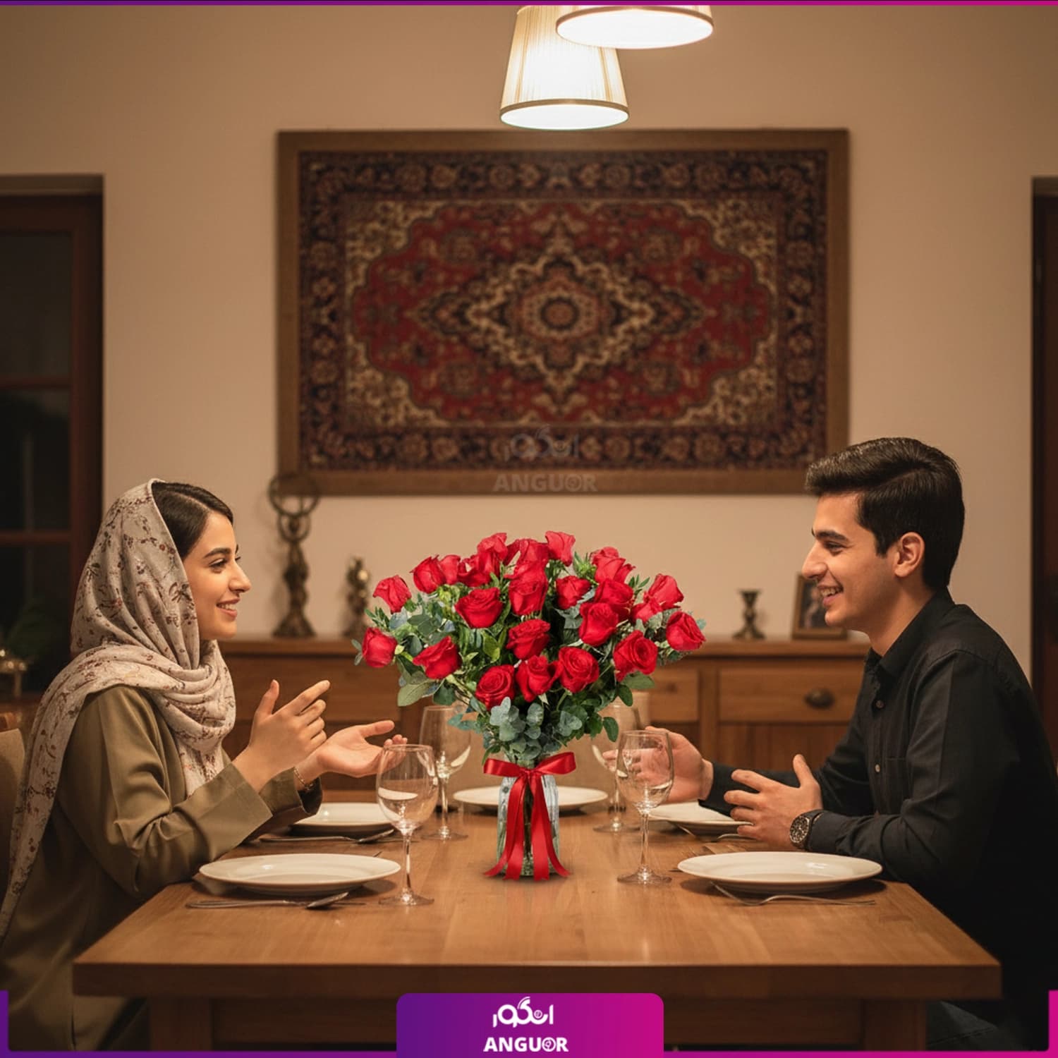 دسته گل رز قرمز با گلدان 22 شاخه ای — تصویر ۲