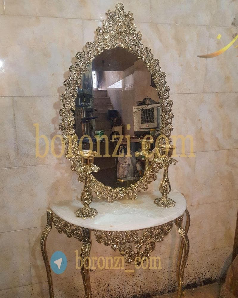 آینه شمعدان برنزی طرح یاس کج متوسط بیضی