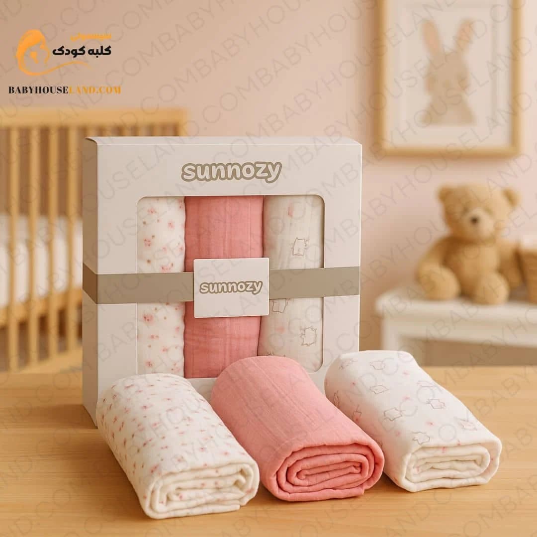 پارچه خشک‌کن نوزادی پک ۳عددی رنگ صورتی وسفید Sunnozy