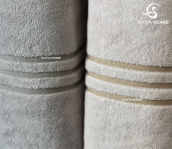 ست حوله عروس و داماد مدل لاین طوسی و نسکافه ای — تصویر ۴