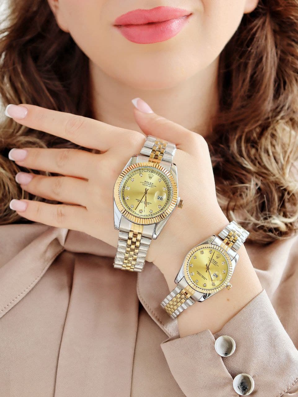 ست ساعت مردانه زنانه رولکس ROLEX ضدآب رنگ ثابت آرام گرد تاریخ دار دارای قفل اصلی کیفیت عالی دارای رنگبندی متنوع کد 2116324 — تصویر ۴
