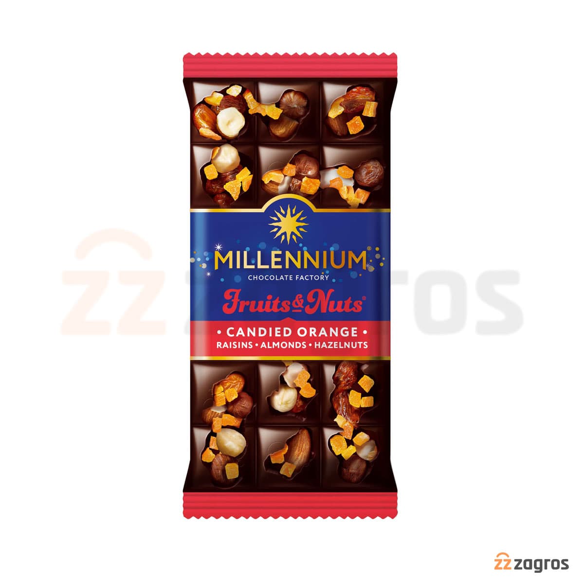 شکلات تلخ میلینیوم با مغز غلات و پرتقال آبنباتی وزن 80 گرم