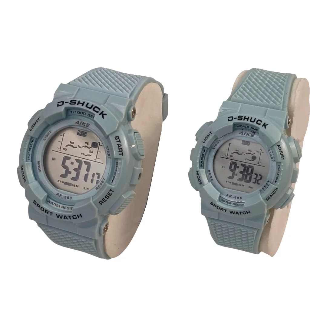 ست مردانه و زنانه ساعت مچی اسپرت آیک AIKE طرح G-SHOCK دیجیتالی مدل AK-999 – AK-998 رنگ آبی روشن به همراه جعبه و پاکت اورجینال — تصویر ۳