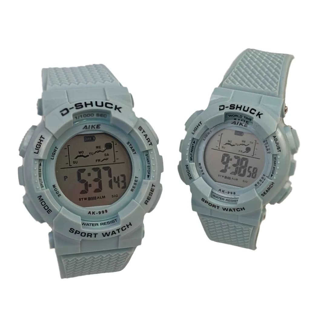 ست مردانه و زنانه ساعت مچی اسپرت آیک AIKE طرح G-SHOCK دیجیتالی مدل AK-999 – AK-998 رنگ آبی روشن به همراه جعبه و پاکت اورجینال