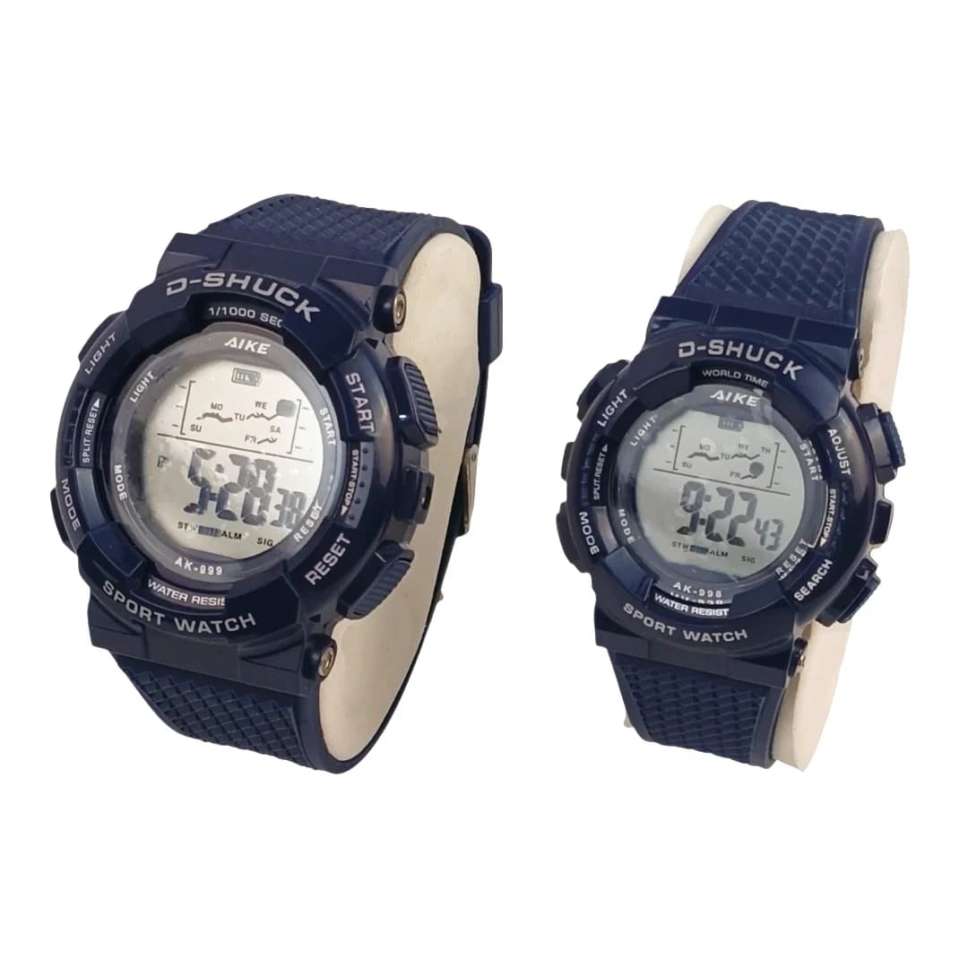 ست مردانه و زنانه ساعت مچی اسپرت آیک AIKE طرح G-SHOCK دیجیتالی مدل AK-999 – AK-998 رنگ سرمه ای به همراه جعبه و پاکت اورجینال — تصویر ۳