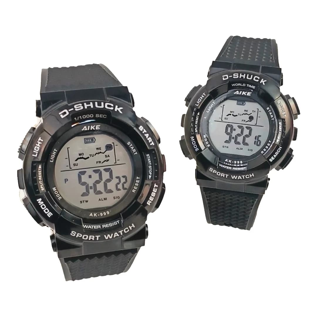 ست مردانه و زنانه ساعت مچی اسپرت آیک AIKE طرح G-SHOCK دیجیتالی مدل AK-999 – AK-998 رنگ مشکی به همراه جعبه و پاکت اورجینال
