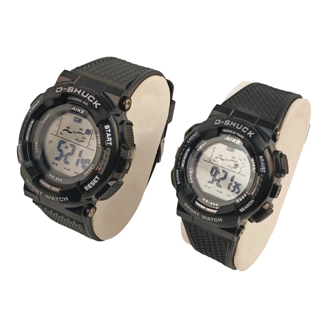ست مردانه و زنانه ساعت مچی اسپرت آیک AIKE طرح G-SHOCK دیجیتالی مدل AK-999 – AK-998 رنگ مشکی به همراه جعبه و پاکت اورجینال — تصویر ۳
