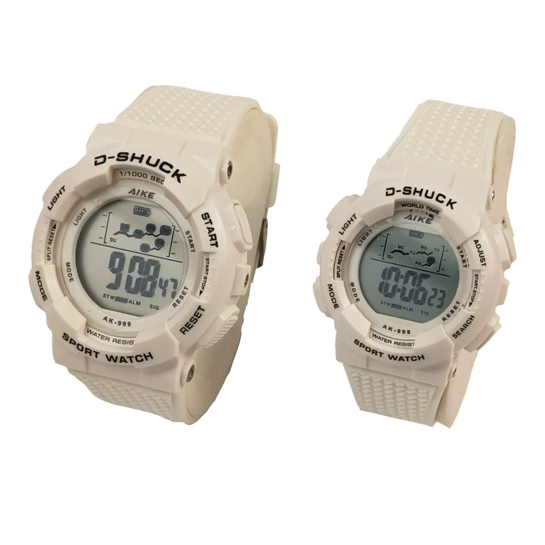 ست مردانه و زنانه ساعت مچی اسپرت آیک AIKE طرح G-SHOCK دیجیتالی مدل AK-999 – AK-998 رنگ سفید به همراه جعبه و پاکت اورجینال — تصویر ۳
