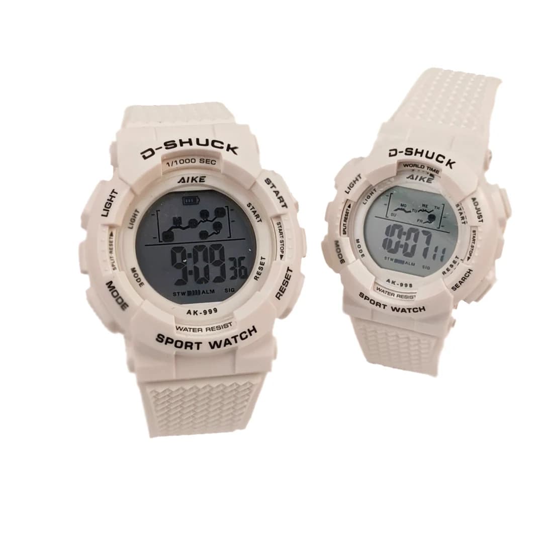 ست مردانه و زنانه ساعت مچی اسپرت آیک AIKE طرح G-SHOCK دیجیتالی مدل AK-999 – AK-998 رنگ سفید به همراه جعبه و پاکت اورجینال