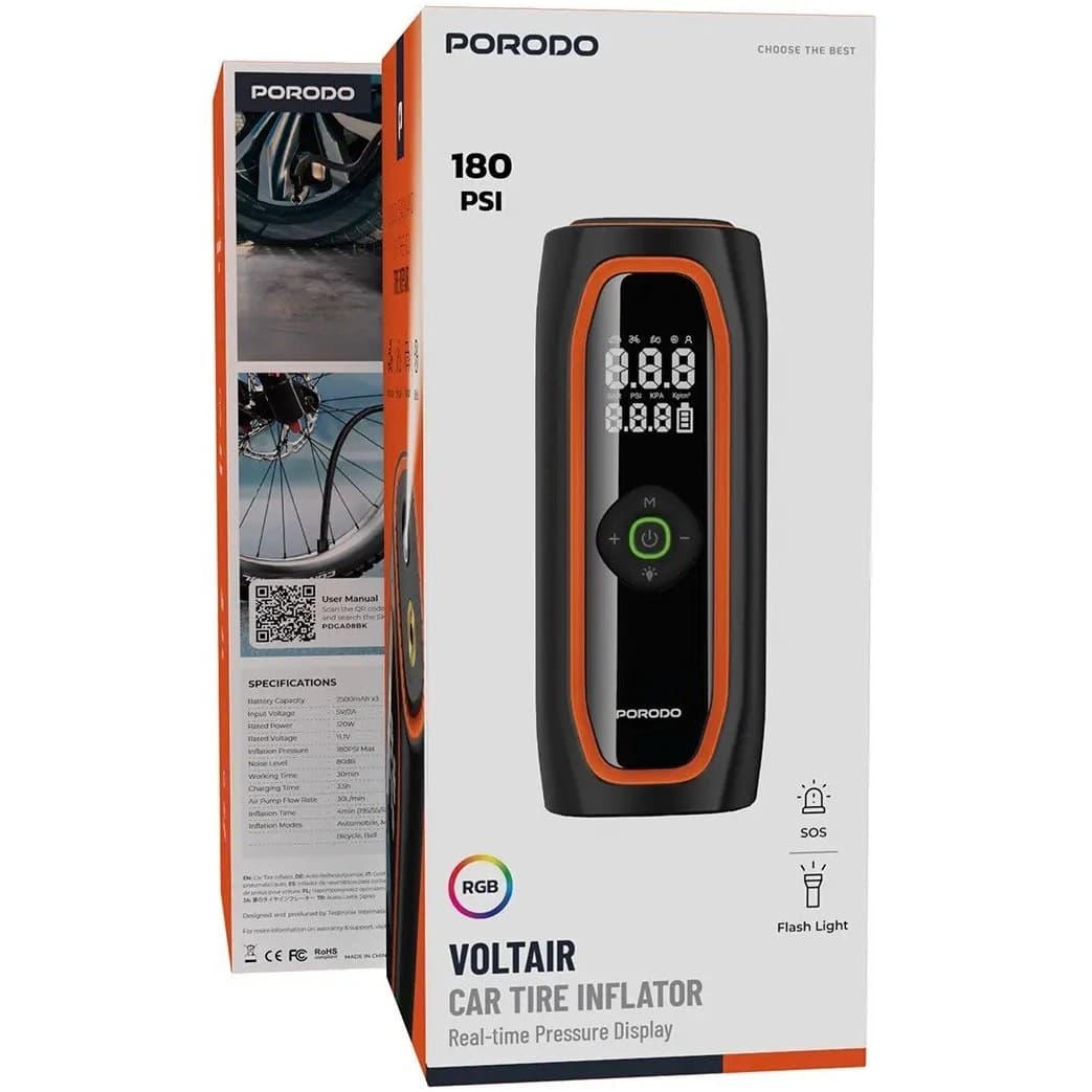 پمپ باد شارژی پرودو Porodo Voltair Car Tire Inflator with Real-time Pressure Display PDGA08BK — تصویر ۵