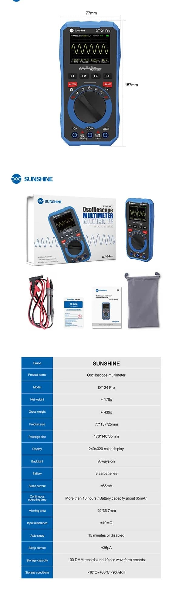 مولتی متر و اسیلوسکوپ دستی سانشاین مدل SUNSHINE DT-24 Pro — تصویر ۵