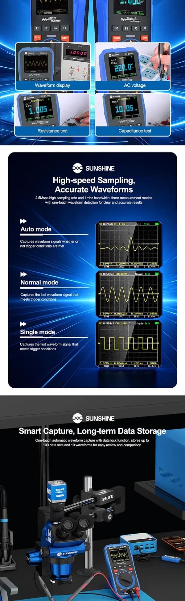 مولتی متر و اسیلوسکوپ دستی سانشاین مدل SUNSHINE DT-24 Pro — تصویر ۳