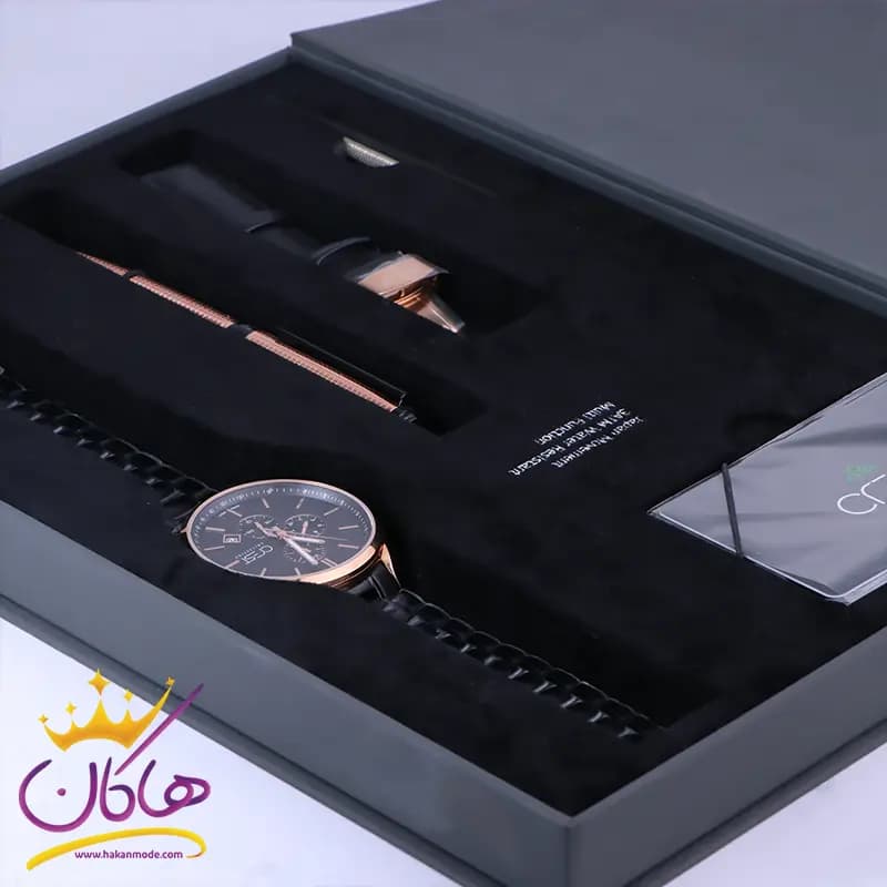 پک ساعت مچی مردانه کرست استیل مشکی قاب رزگلد 9019/3 — تصویر ۳