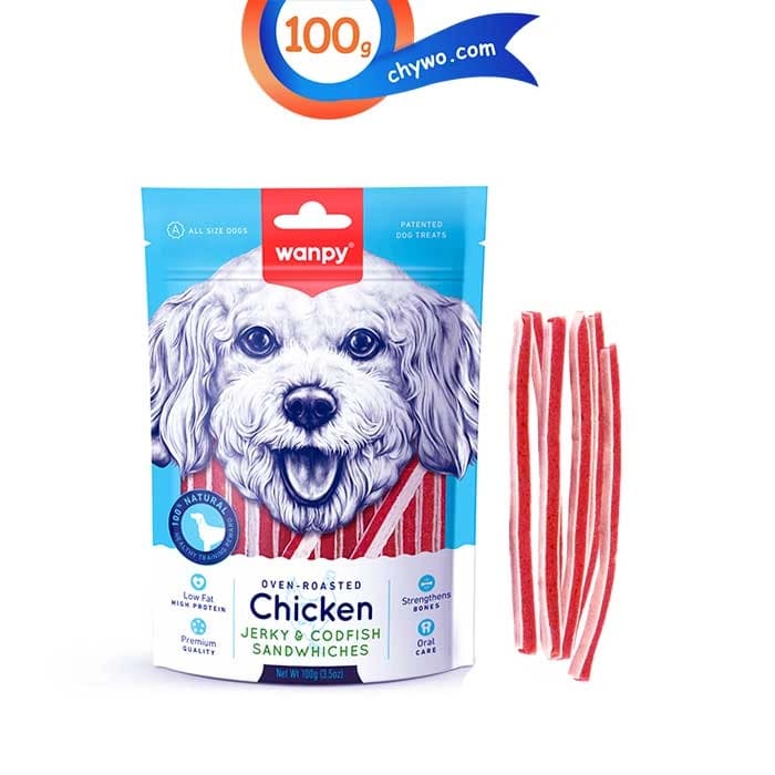 تشویقی سگ ونپی طعم مرغ و ماهی کاد مدل ساندویچ وزن 100 گرم Wanpy Chicken Jerky & Codfish Sandwhiches