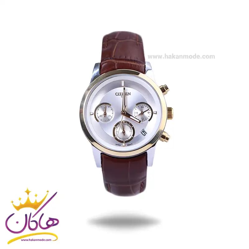 ساعت مچی سیتیزن زنانه بند چرم قهوه ای قاب طلایی کرنوگراف L8111/2