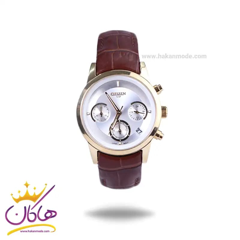 ساعت مچی سیتیزن زنانه بند چرم قهوه ای قاب طلایی کرنوگراف L8111/6