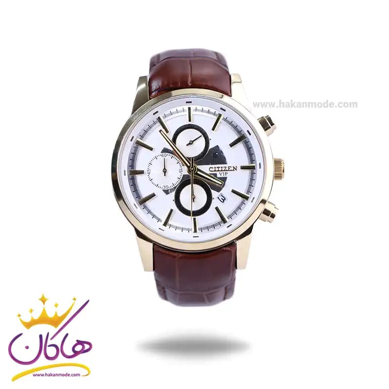 ساعت مچی سیتیزن مردانه بند چرم قاب طلایی کرنوگراف G9234/3