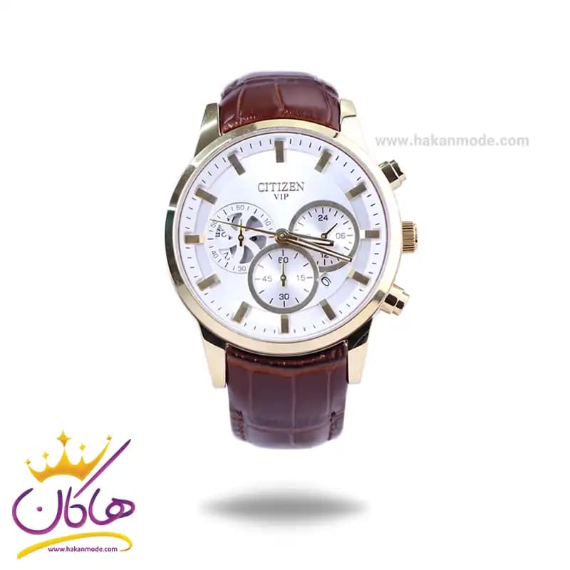 ساعت سیتیزن مردانه بند چرم قهوه ای قاب طلایی کرنوگراف G9235/3