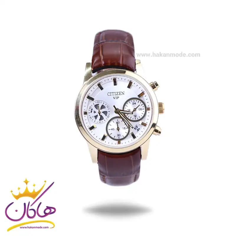 ساعت مچی سیتیزن زنانه بند چرم قهوه ای قاب طلایی کرنوگراف L9235/4