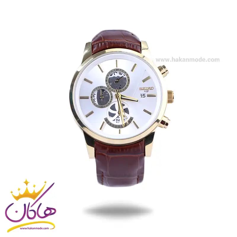 ساعت مچی سیکو مردانه بند چرم قاب طلایی کرنوگراف G9232/3